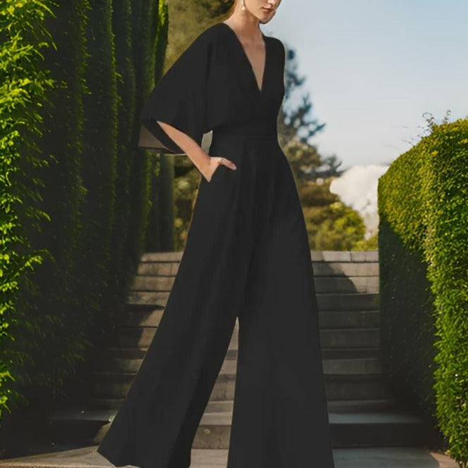 V-neck Jumpsuit with Three-Quarter Sleeves - Aurora Chic-Black-S-Nora Luxe