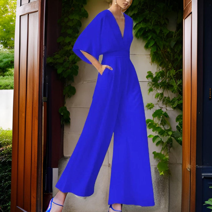 V-neck Jumpsuit with Three-Quarter Sleeves - Aurora Chic-Blue-S-Nora Luxe