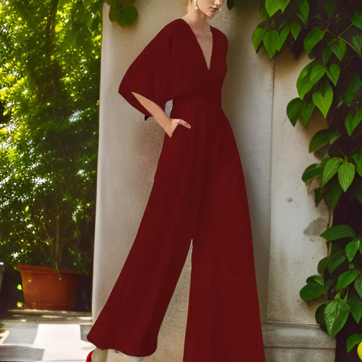 V-neck Jumpsuit with Three-Quarter Sleeves - Aurora Chic-Dark red-S-Nora Luxe