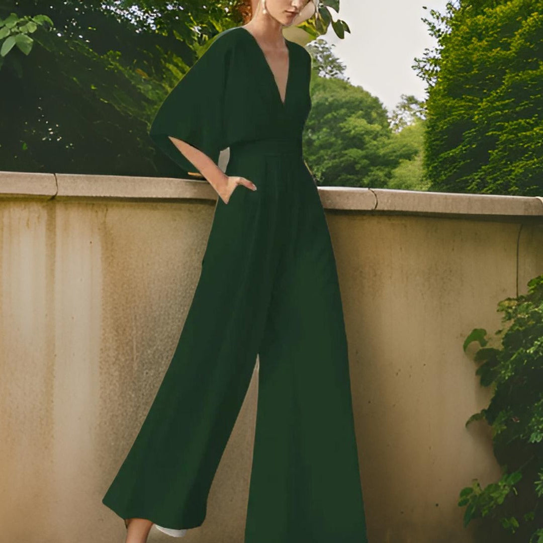 V-neck Jumpsuit with Three-Quarter Sleeves - Aurora Chic-Green-S-Nora Luxe
