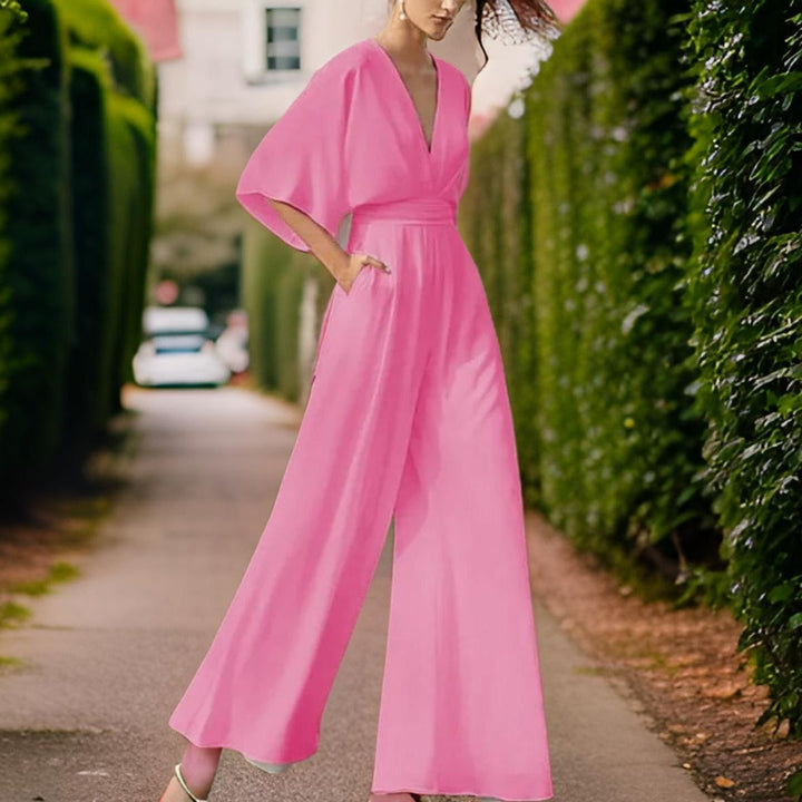 V-neck Jumpsuit with Three-Quarter Sleeves - Aurora Chic-Pink-S-Nora Luxe
