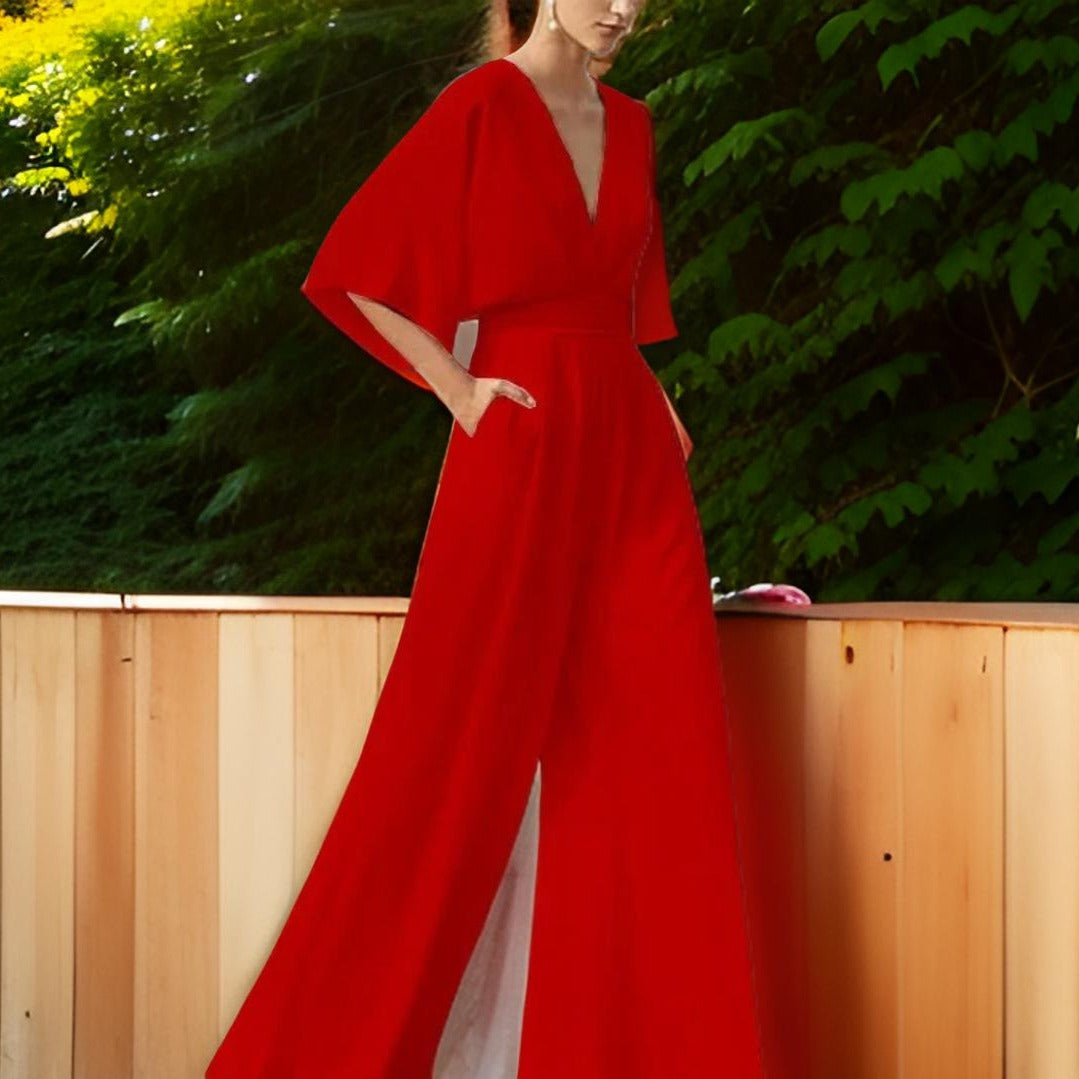 V-neck Jumpsuit with Three-Quarter Sleeves - Aurora Chic-Red-S-Nora Luxe