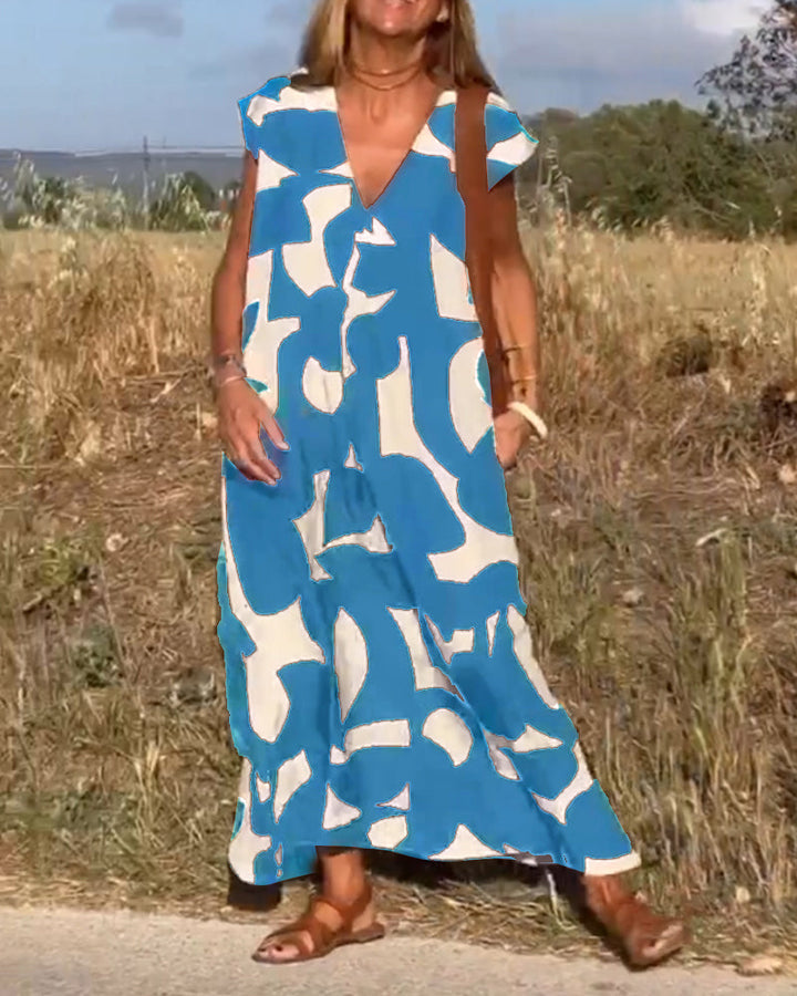 V-Neck Maxi Dress with Print - Bella-Black-S-Nora Luxe