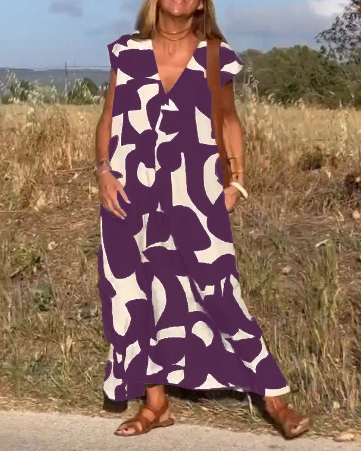 V-Neck Maxi Dress with Print - Bella-Black-S-Nora Luxe