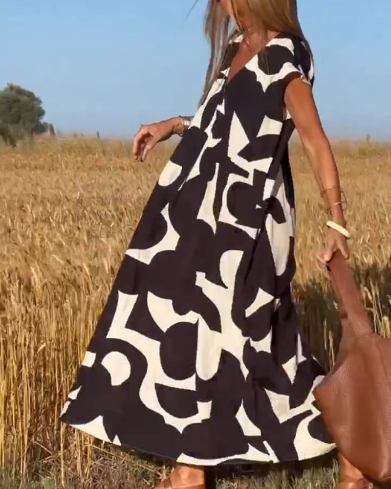 V-Neck Maxi Dress with Print - Bella-Black-S-Nora Luxe
