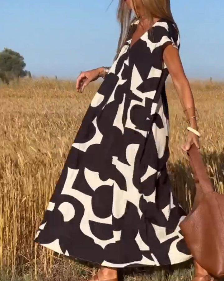 V-Neck Maxi Dress with Print - Bella-Black-S-Nora Luxe