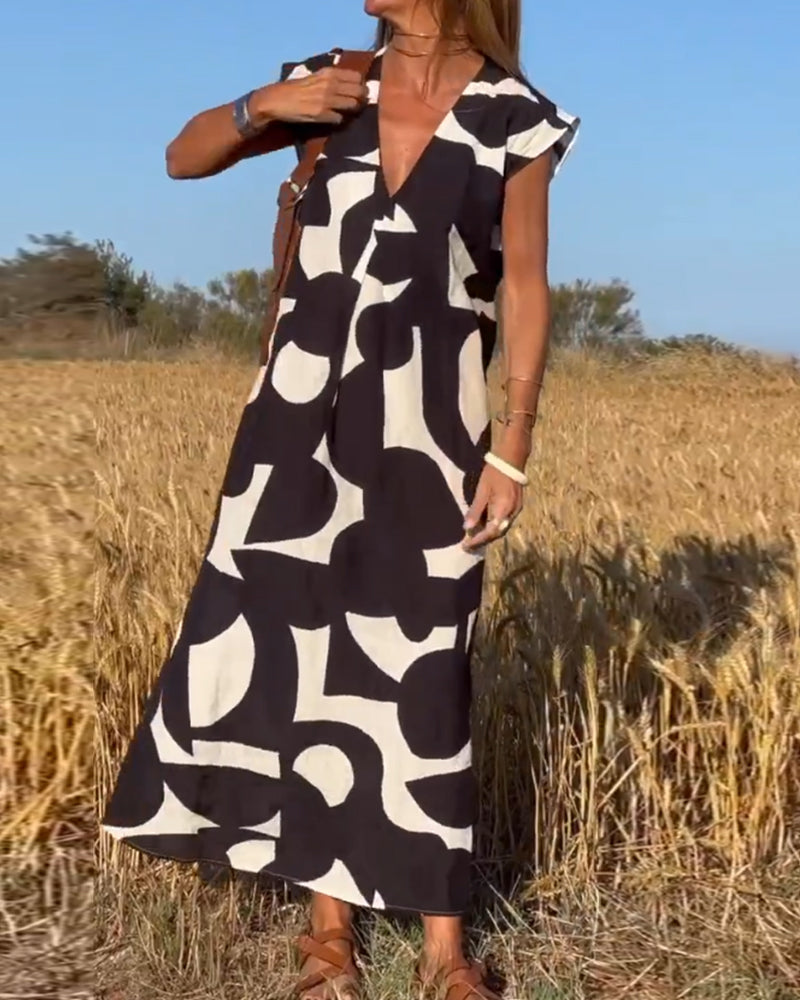 V-Neck Maxi Dress with Print - Bella-Black-S-Nora Luxe