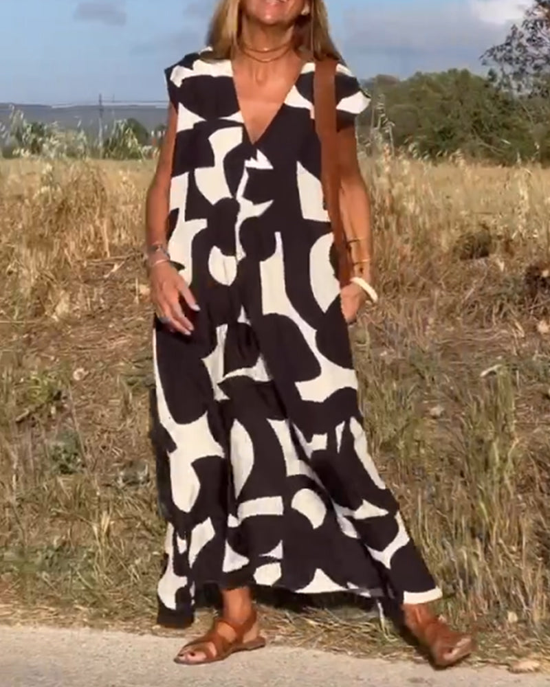 V-Neck Maxi Dress with Print - Bella-Black-S-Nora Luxe
