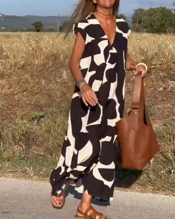 V-Neck Maxi Dress with Print - Bella-Black-S-Nora Luxe