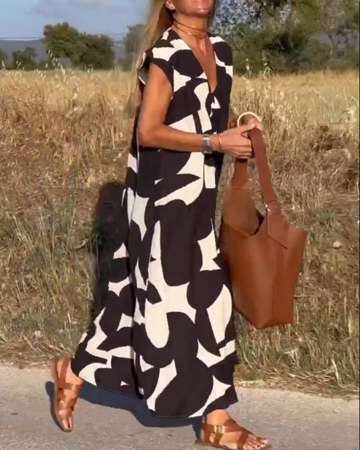 V-Neck Maxi Dress with Print - Bella-Black-S-Nora Luxe