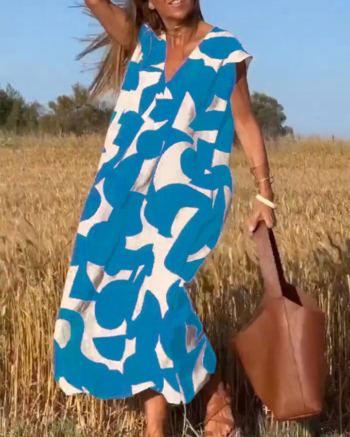 V-Neck Maxi Dress with Print - Bella-Blue-S-Nora Luxe