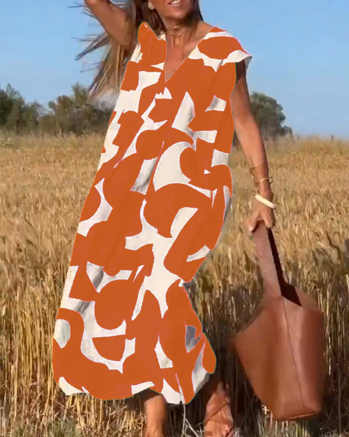 V-Neck Maxi Dress with Print - Bella-Orange-S-Nora Luxe