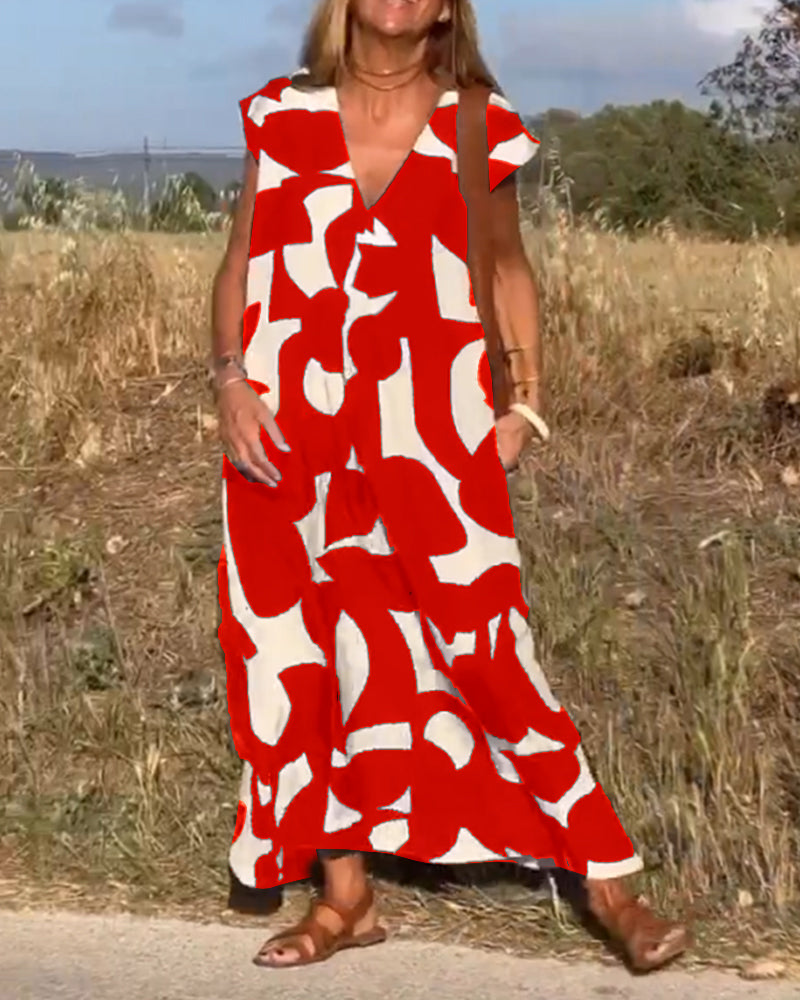 V-Neck Maxi Dress with Print - Bella-Red-S-Nora Luxe