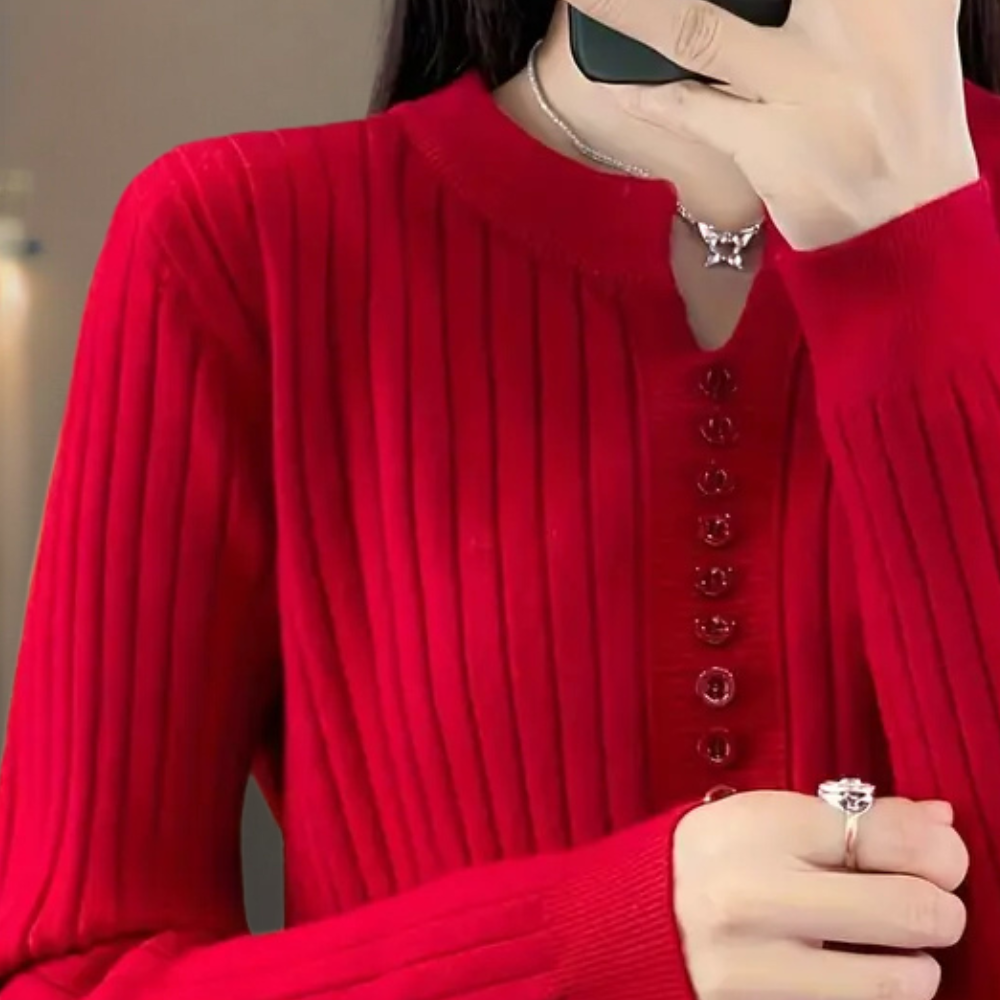 V-neck Sweater with Button Details for Women - Marit-Green-XS-Nora Luxe