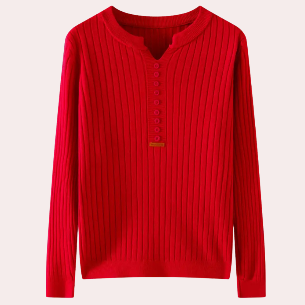 V-neck Sweater with Button Details for Women - Marit-Red-XS-Nora Luxe