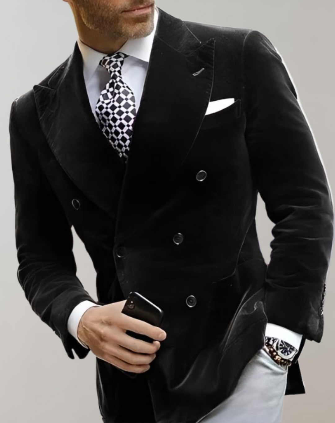 Velvet Men's Blazer with Double Breasted Buttons - Elliot-XS-Black-Nora Luxe
