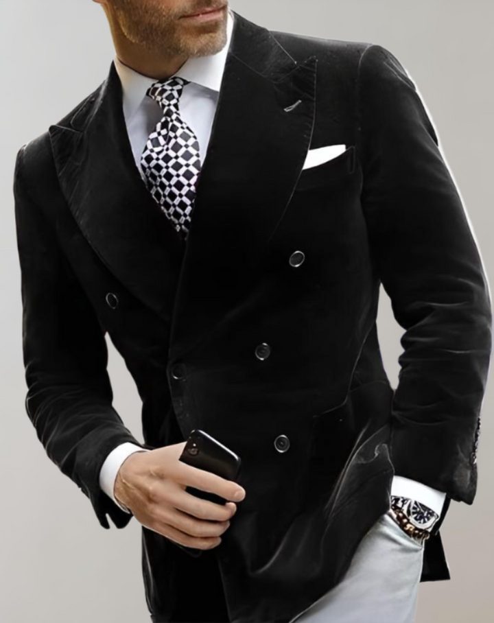 Velvet Men's Blazer with Double Breasted Buttons - Elliot-XS-Black-Nora Luxe