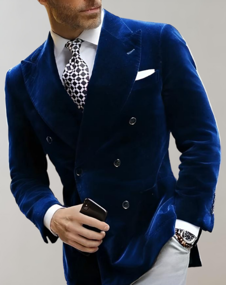 Velvet Men's Blazer with Double Breasted Buttons - Elliot-XS-Blue-Nora Luxe