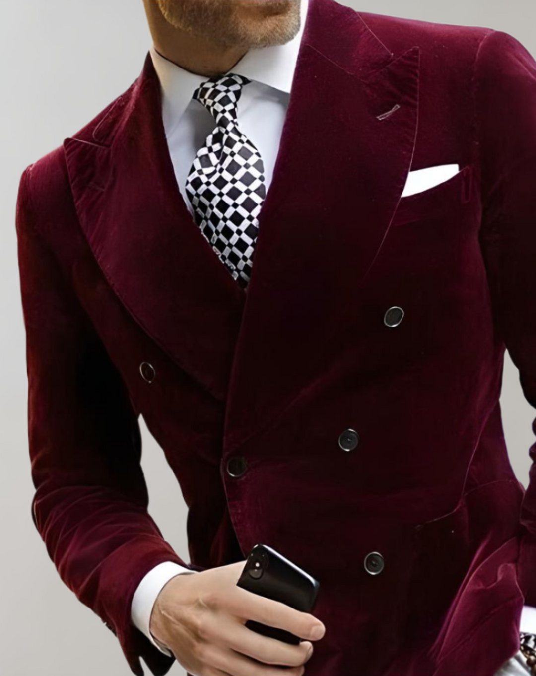 Velvet Men's Blazer with Double Breasted Buttons - Elliot-XS-Bordeaux red-Nora Luxe