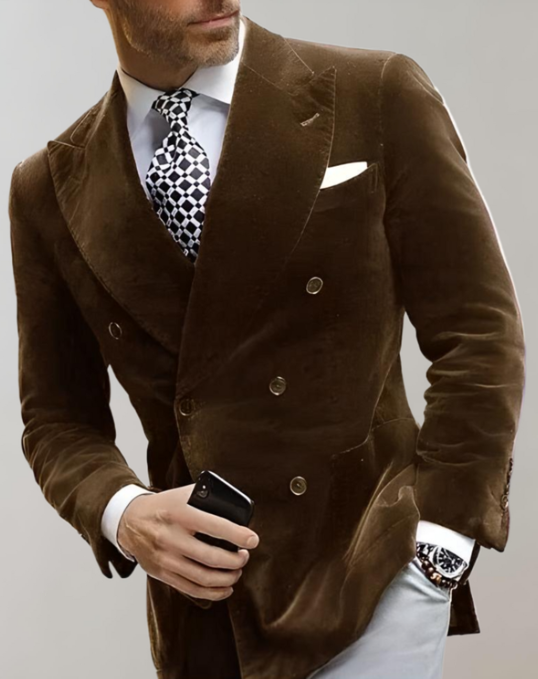 Velvet Men's Blazer with Double Breasted Buttons - Elliot-XS-Brown-Nora Luxe