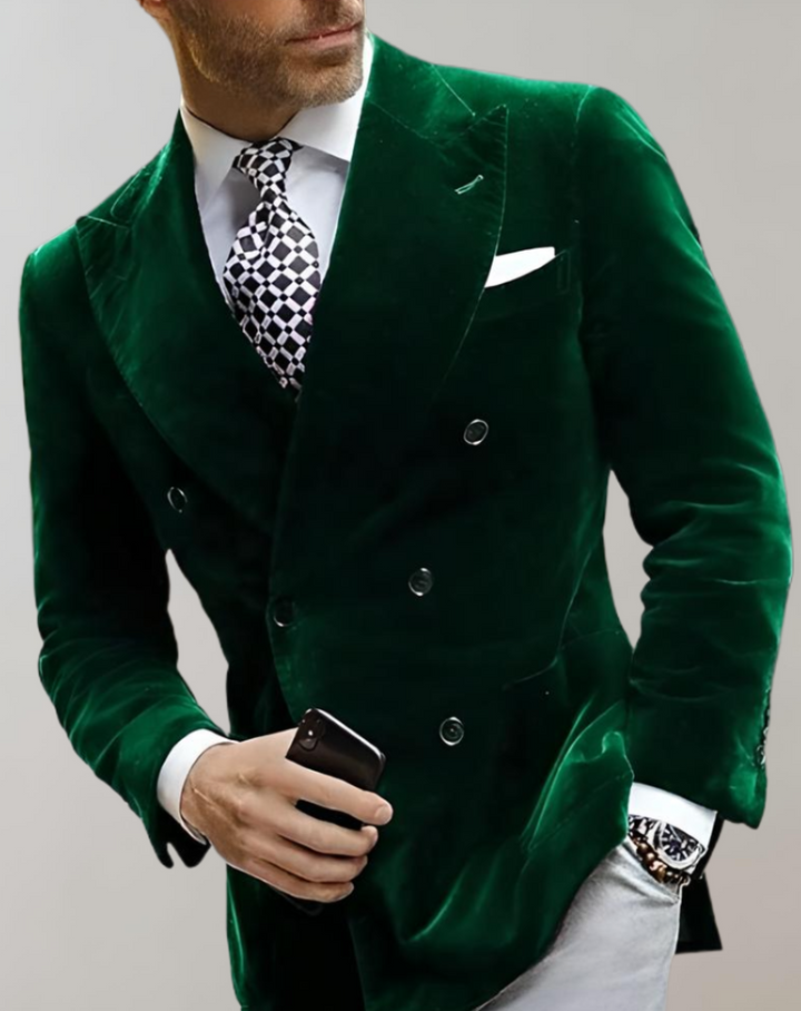 Velvet Men's Blazer with Double Breasted Buttons - Elliot-XS-Green-Nora Luxe