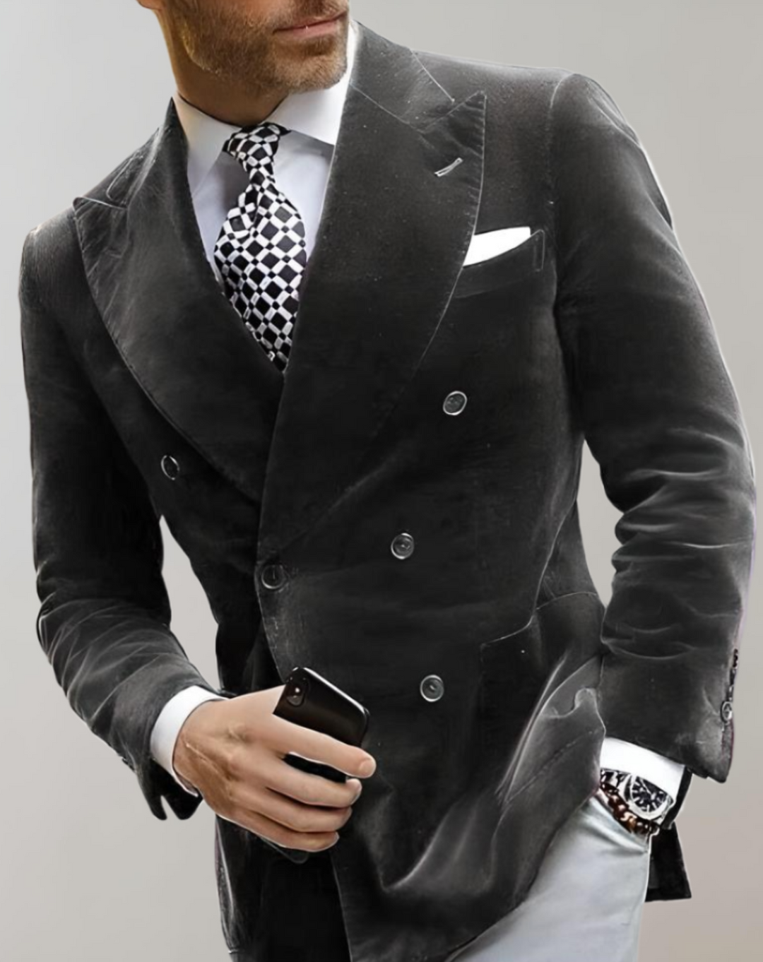 Velvet Men's Blazer with Double Breasted Buttons - Elliot-XS-Grey-Nora Luxe