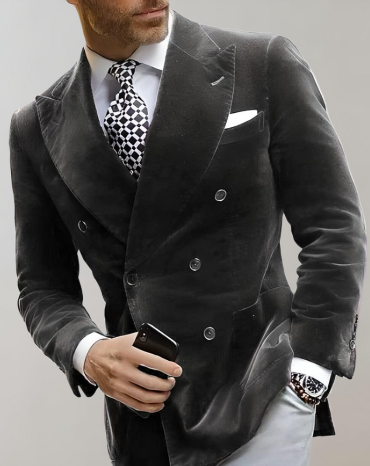 Velvet Men's Blazer with Double Breasted Buttons - Elliot-XS-Grey-Nora Luxe