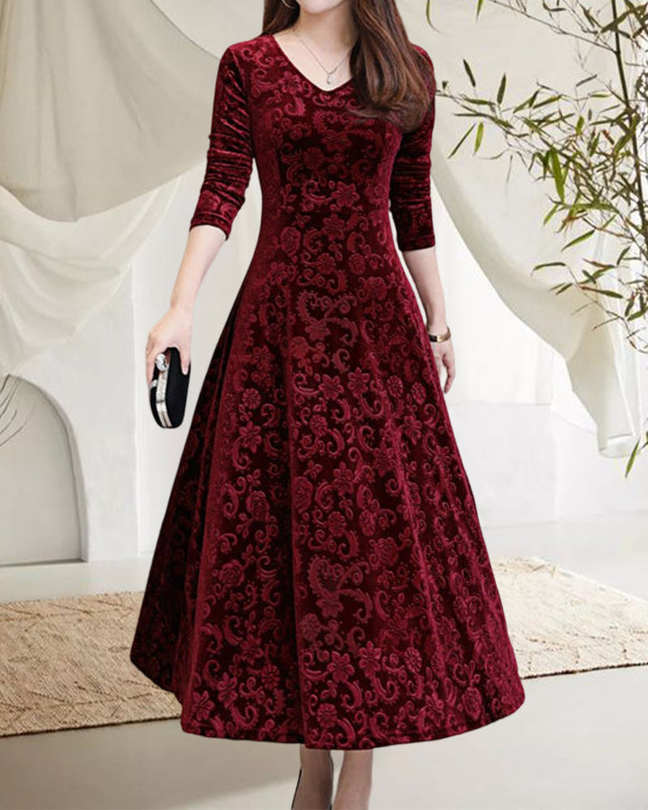 Velvet Midi Dress with Long Sleeves - Selina-Red wine-M-Nora Luxe