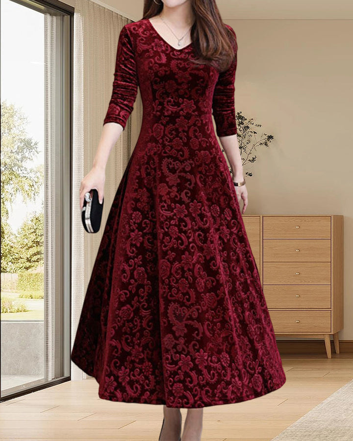 Velvet Midi Dress with Long Sleeves - Selina-Red wine-M-Nora Luxe