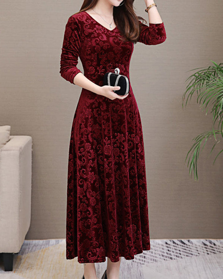 Velvet Midi Dress with Long Sleeves - Selina-Red wine-M-Nora Luxe