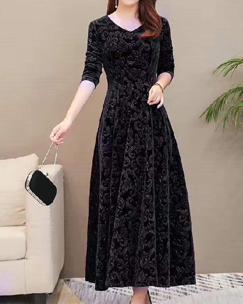 Velvet Midi Dress with Long Sleeves - Selina-Red wine-M-Nora Luxe