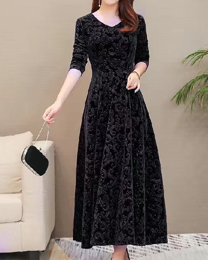 Velvet Midi Dress with Long Sleeves - Selina-Red wine-M-Nora Luxe