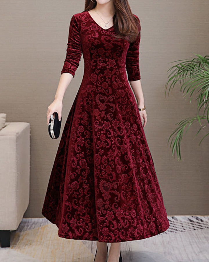 Velvet Midi Dress with Long Sleeves - Selina-Red wine-M-Nora Luxe