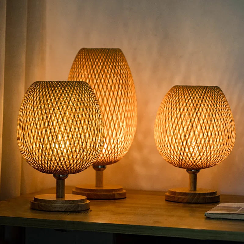 Vintage Bamboo Table Lamp - TimberGlow-Large Metal Base - H15.75 in × W7.09 in-Nora Luxe