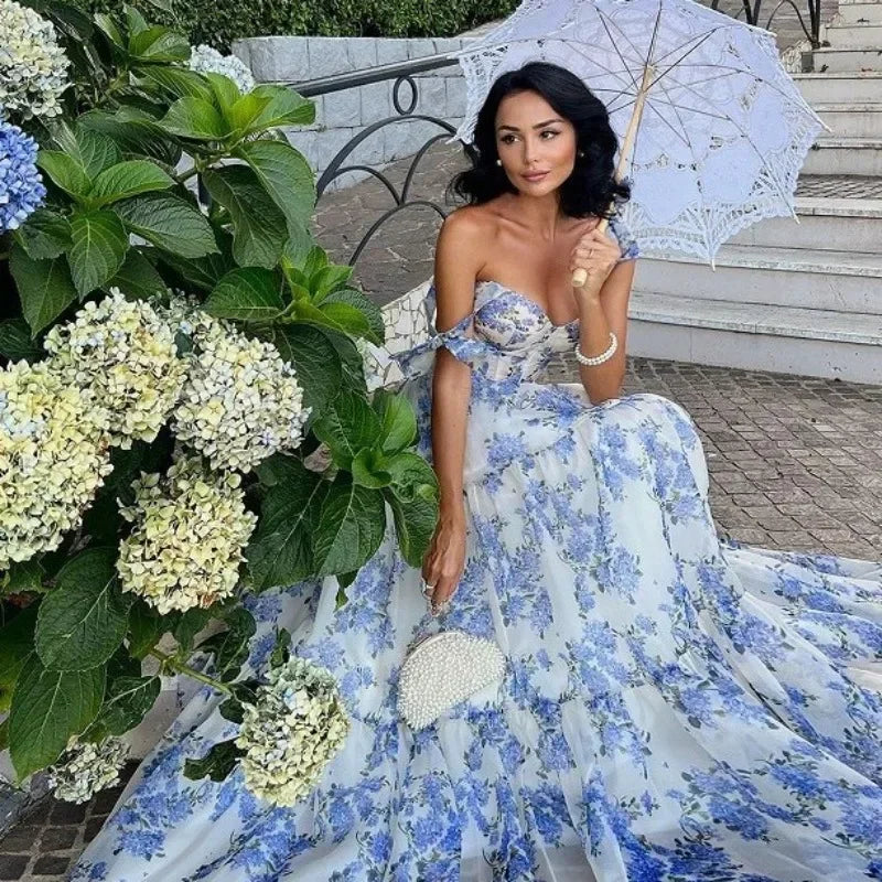 Vintage Blue Floral Print Strapless Evening Dress - Elena-Blue-XS-Nora Luxe