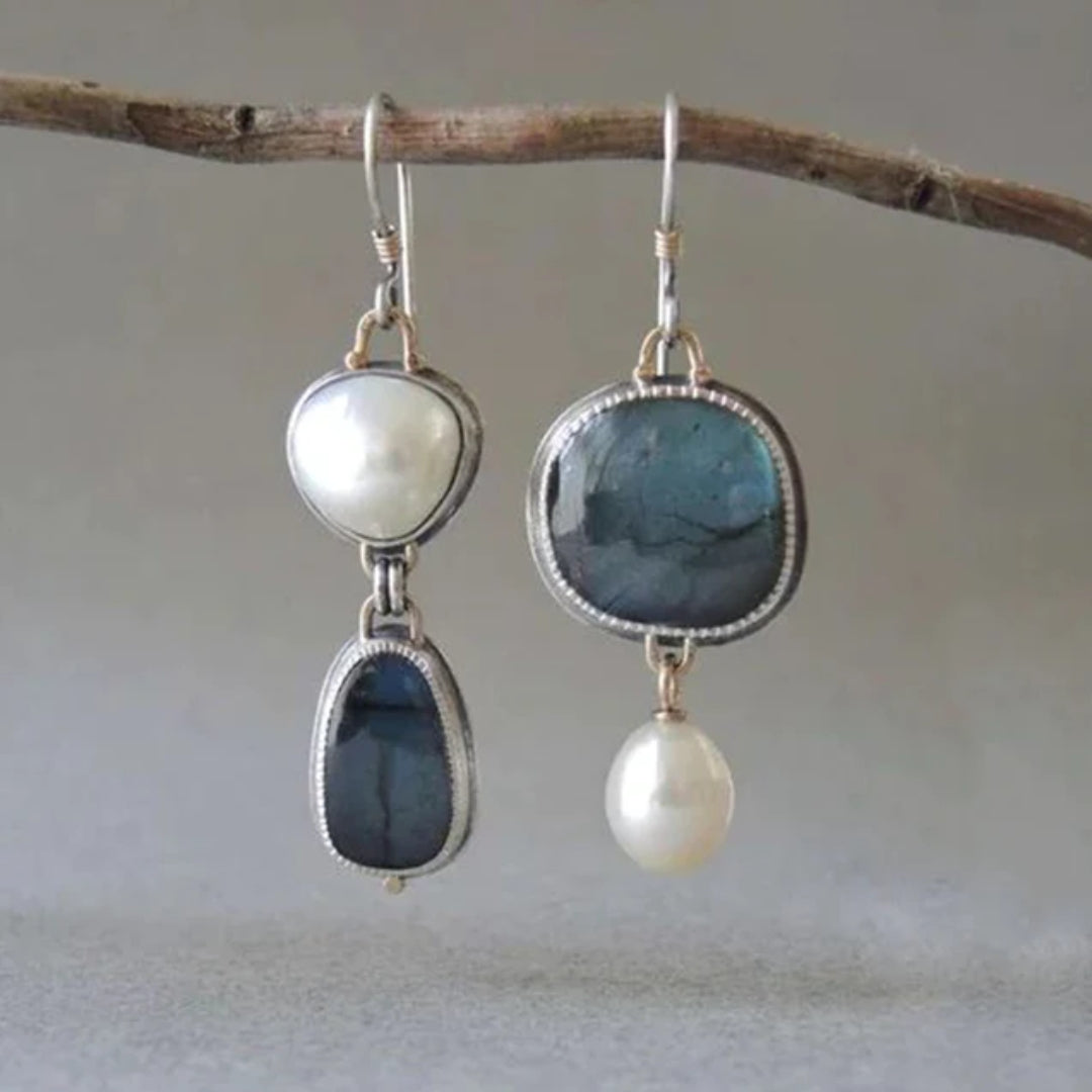 Vintage Earrings with Blue Natural Stone and Pearl - Amalina-Nora Luxe