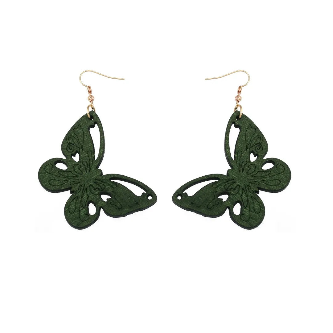 Vintage Green Carved Wooden Earrings | Unique Handmade Jewellery-BUTTERFLY-Nora Luxe