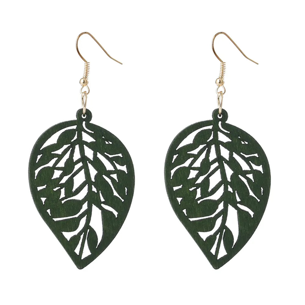 Vintage Green Carved Wooden Earrings | Unique Handmade Jewellery-LEAVES-Nora Luxe