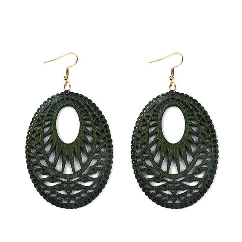 Vintage Green Carved Wooden Earrings | Unique Handmade Jewellery-OVAL-Nora Luxe