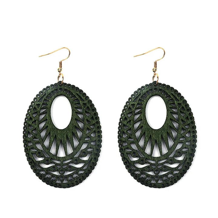 Vintage Green Carved Wooden Earrings | Unique Handmade Jewellery-OVAL-Nora Luxe