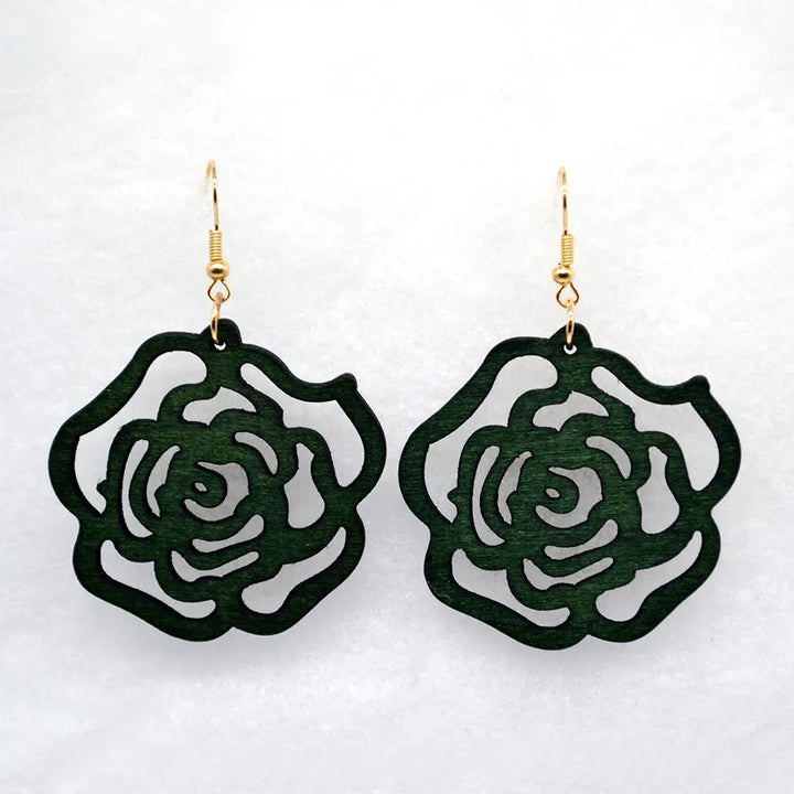 Vintage Green Carved Wooden Earrings | Unique Handmade Jewellery-ROSE-Nora Luxe