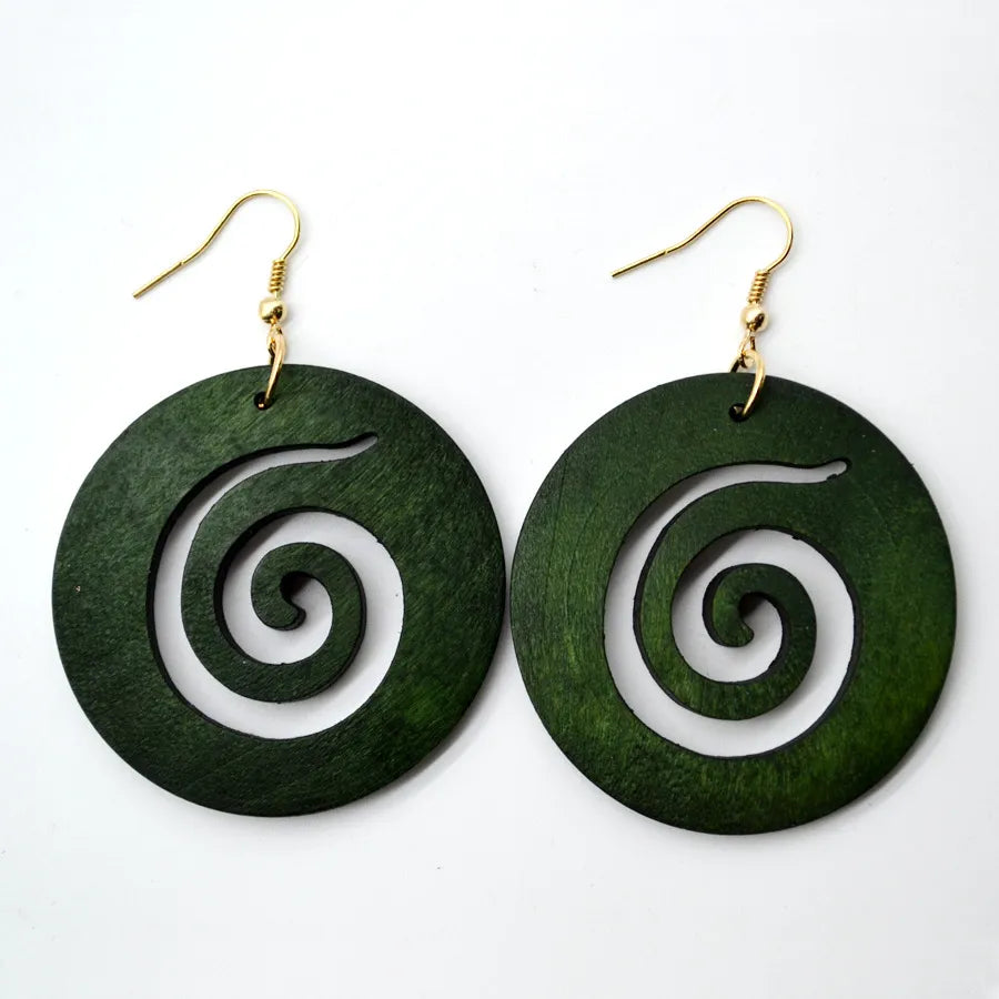 Vintage Green Carved Wooden Earrings | Unique Handmade Jewellery-SPIRAL-Nora Luxe