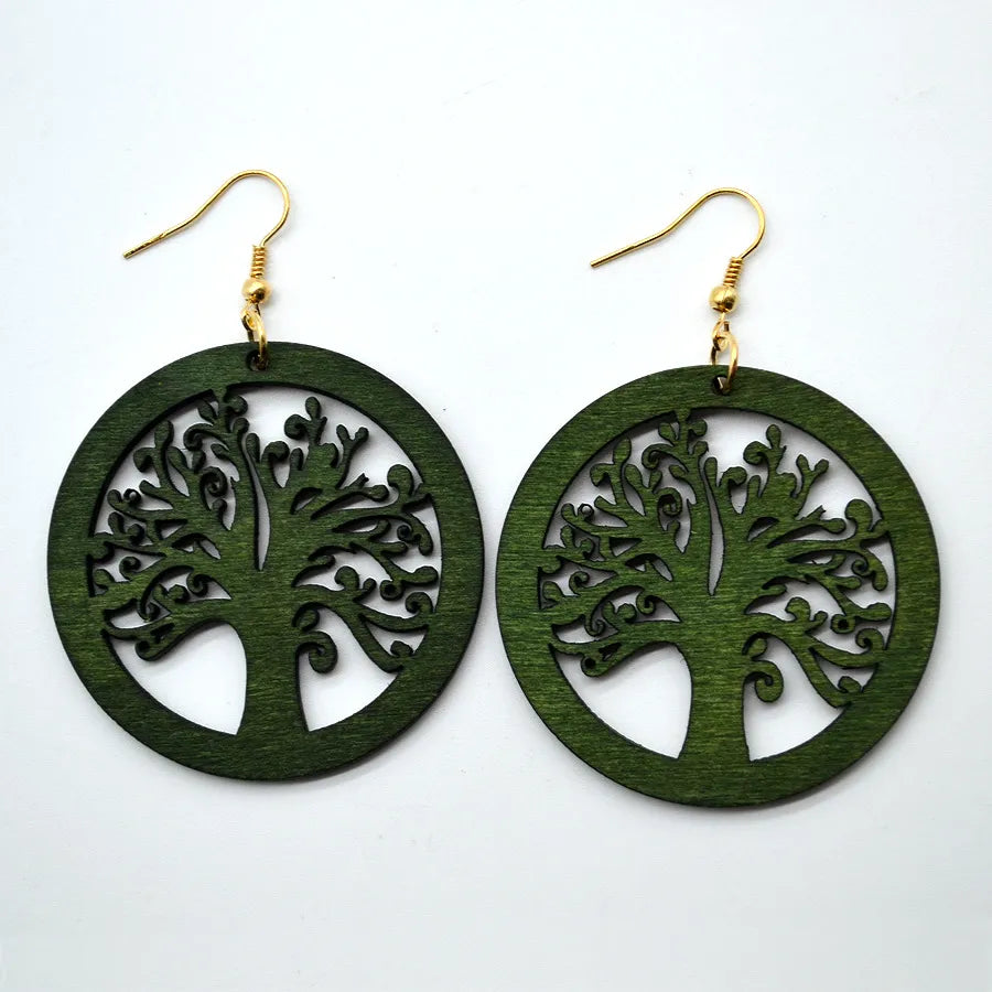 Vintage Green Carved Wooden Earrings | Unique Handmade Jewellery-TREE-Nora Luxe