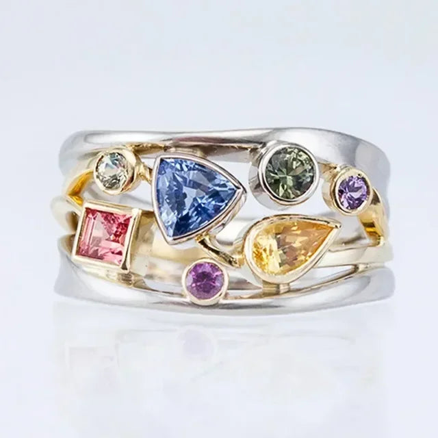 Vintage Intarsia Ring with Multicoloured Zirconia - Aurielle-6-Nora Luxe