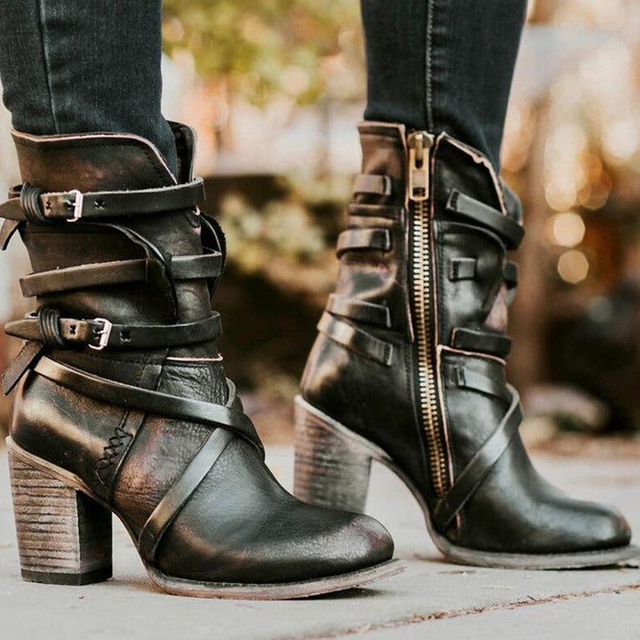 Vintage Leather Ladies' Ankle Boots with Heel - Lara-Black-4.0-Nora Luxe