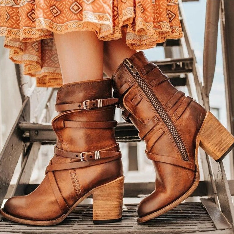 Vintage Leather Ladies' Ankle Boots with Heel - Lara-Chestnut Brown-4.0-Nora Luxe