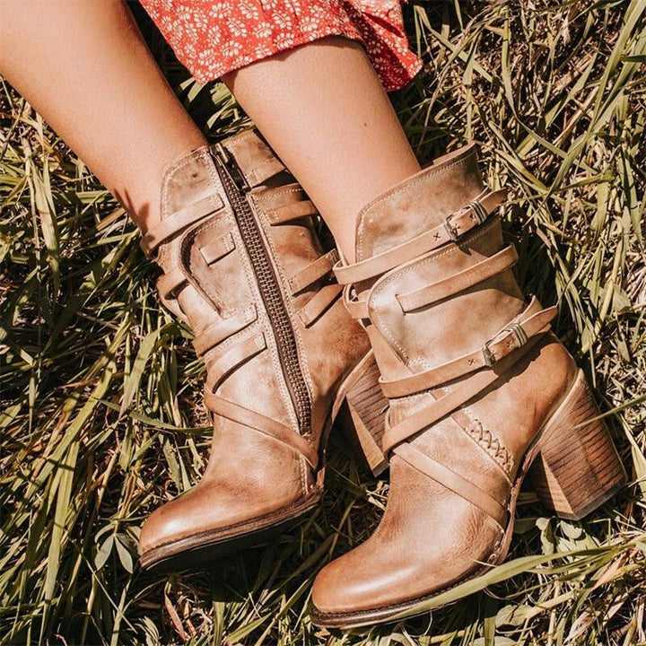 Vintage Leather Ladies' Ankle Boots with Heel - Lara-Khaki-4.0-Nora Luxe