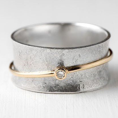 Vintage Silver Ring with Golden Lines and Zirconia - Aurina-6-Nora Luxe