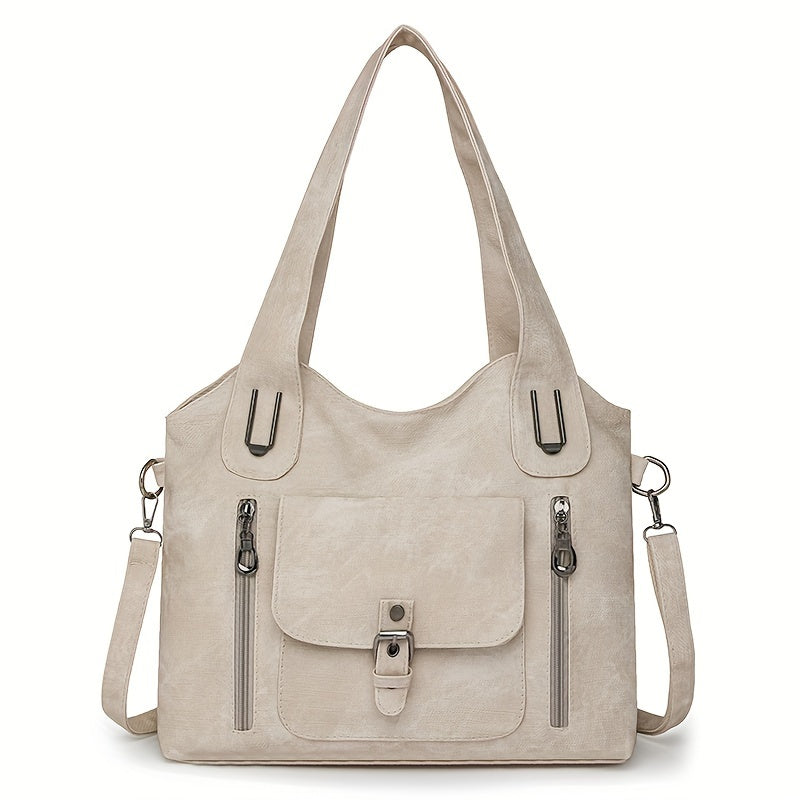 Vintage-Style Vegan Leather Shoulder Bag - Marivelle-Beige-The Livary