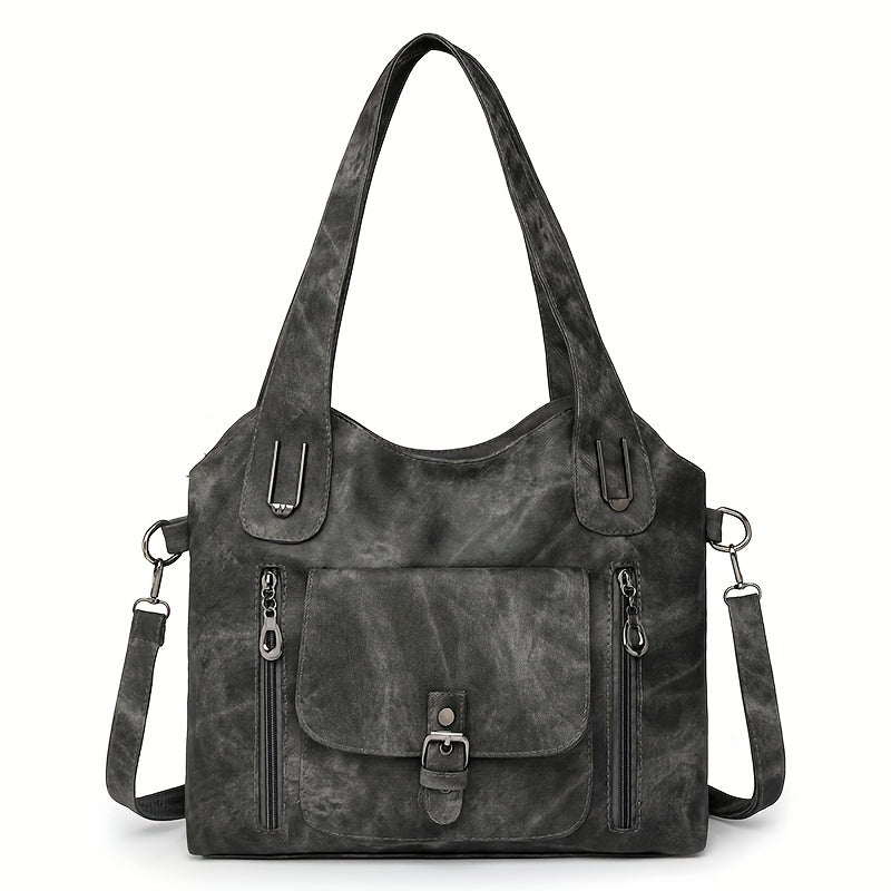Vintage-Style Vegan Leather Shoulder Bag - Marivelle-Black-The Livary